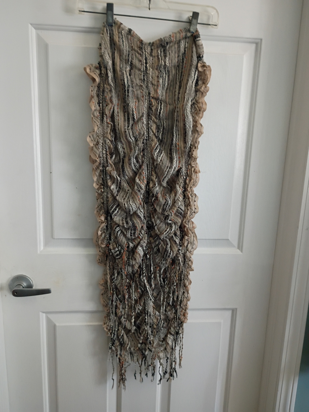 Boho Fringe Knit Maxi Scarf in Neutral Stripe
